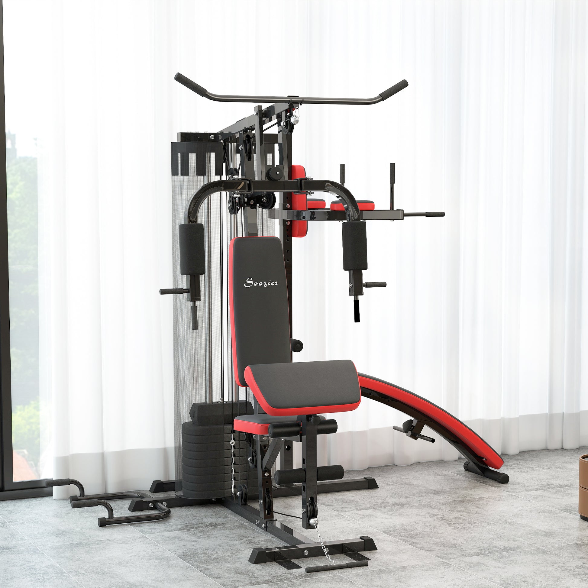 Soozier Multi Home Gym Equipment, Workout Station with Sit up Bench, Push up Stand, Dip Station, 99lbs Weights