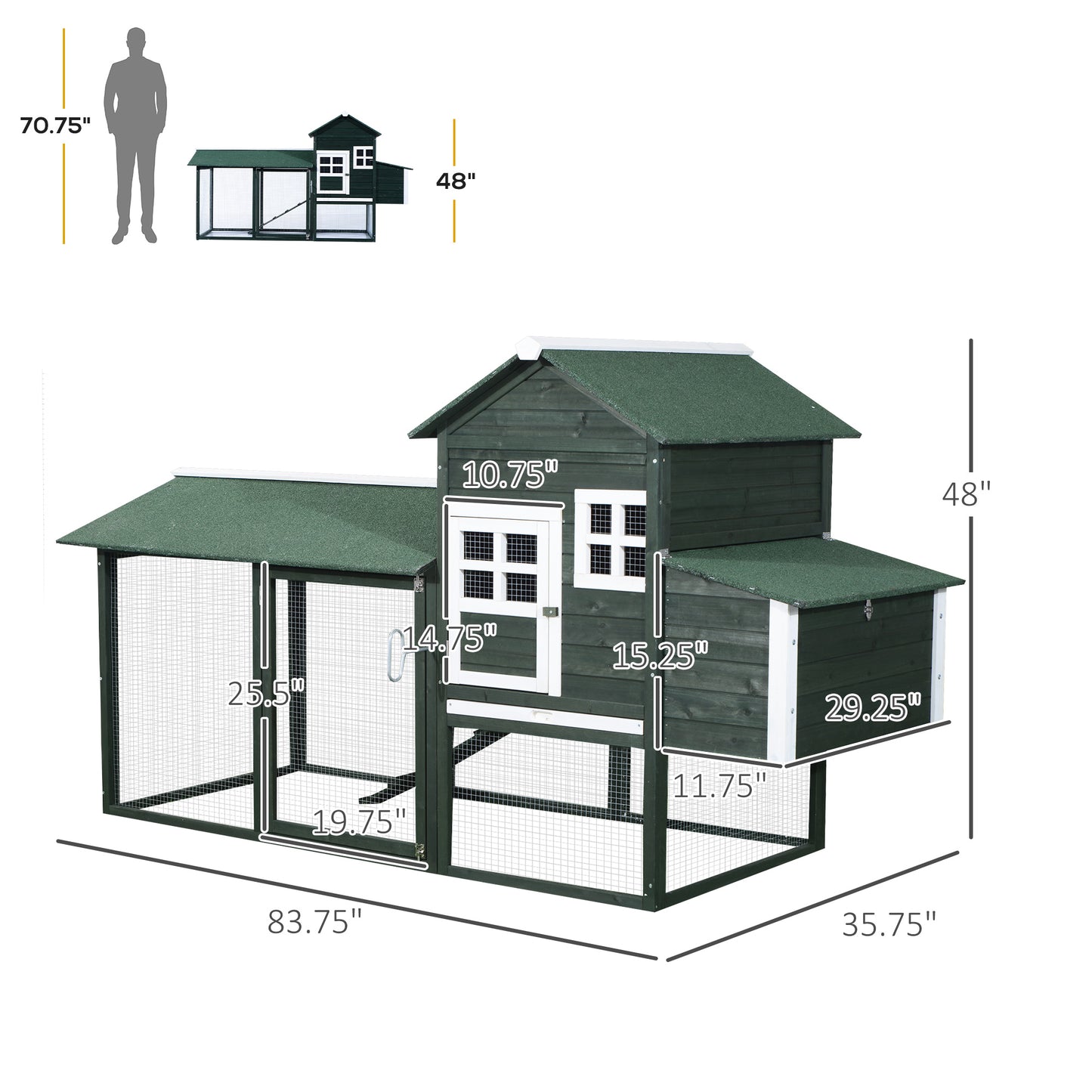84" Chicken Coop Wooden Hen House Rabbit Hutch Poultry Cage Pen Outdoor Backyard with Nesting Box and Run, Green