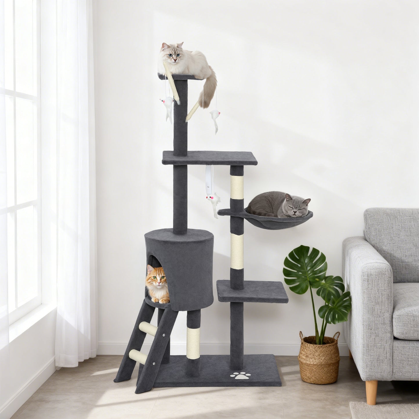 53" Cat Tree Tower, Kitten Activity Centre with Scratching Posts, Condo, Perches, Ladder, Hammock, Dangling Toys, Dark Grey