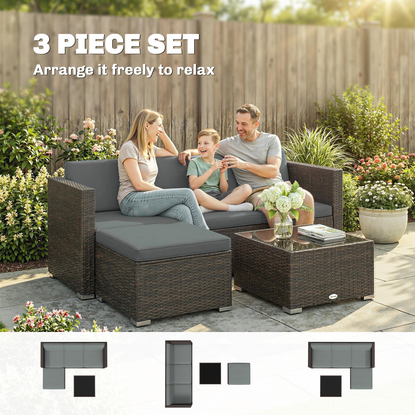3 Pieces Patio Furniture Set with Cushions, Outdoor PE Rattan Wicker Conversation Corner Sofa Set, Dark Grey