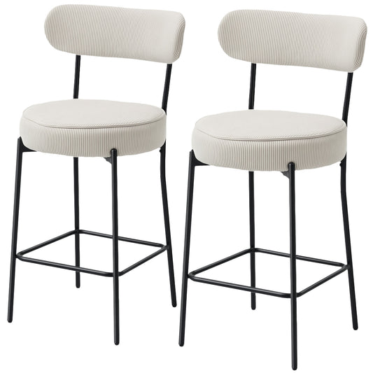 Set of 2 Barstools, Upholstered Corduroy Bar Stools with Backrest, Footrest for Kitchen Island, Dining Room, Cream White