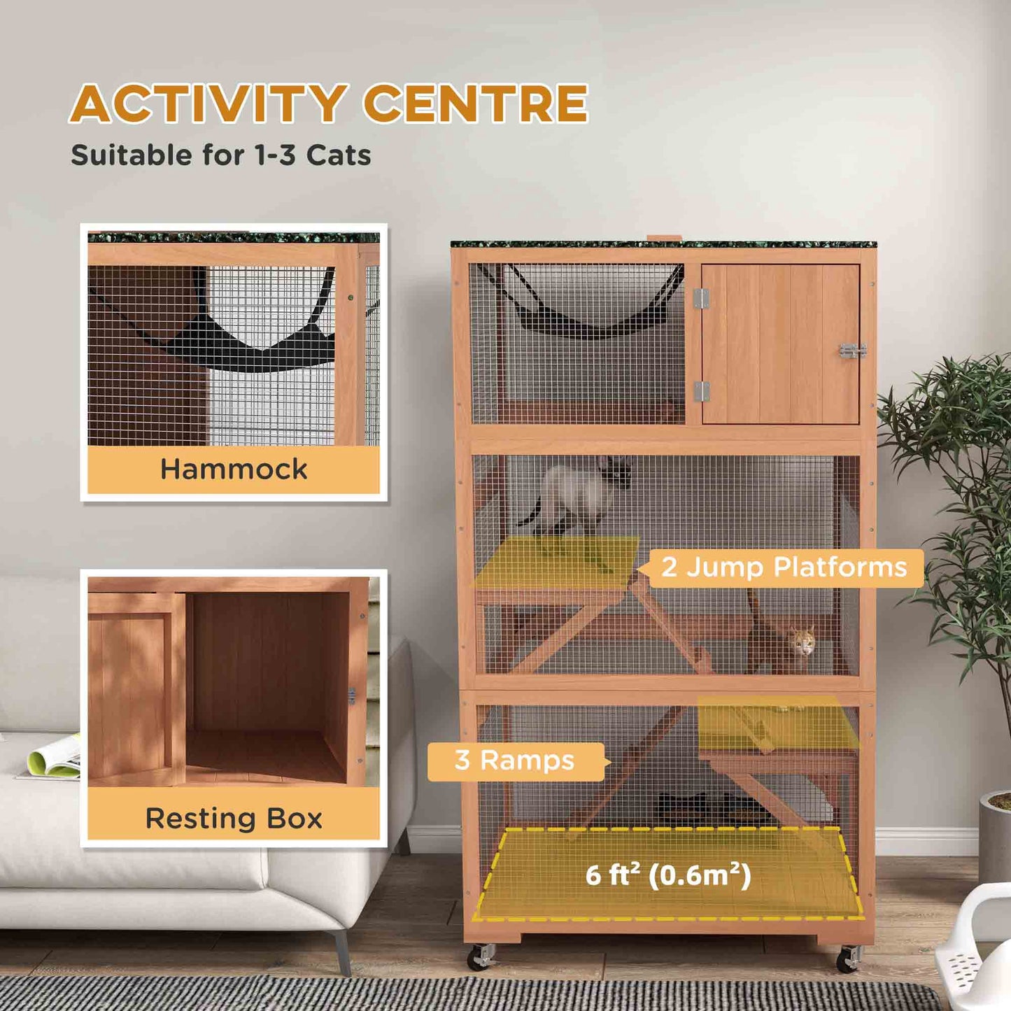34" L Catio Outdoor Cat Enclosure on Wheels with Hammock Multiple Platforms Resting Condo Ramps, for 1-3 Cats, Orange