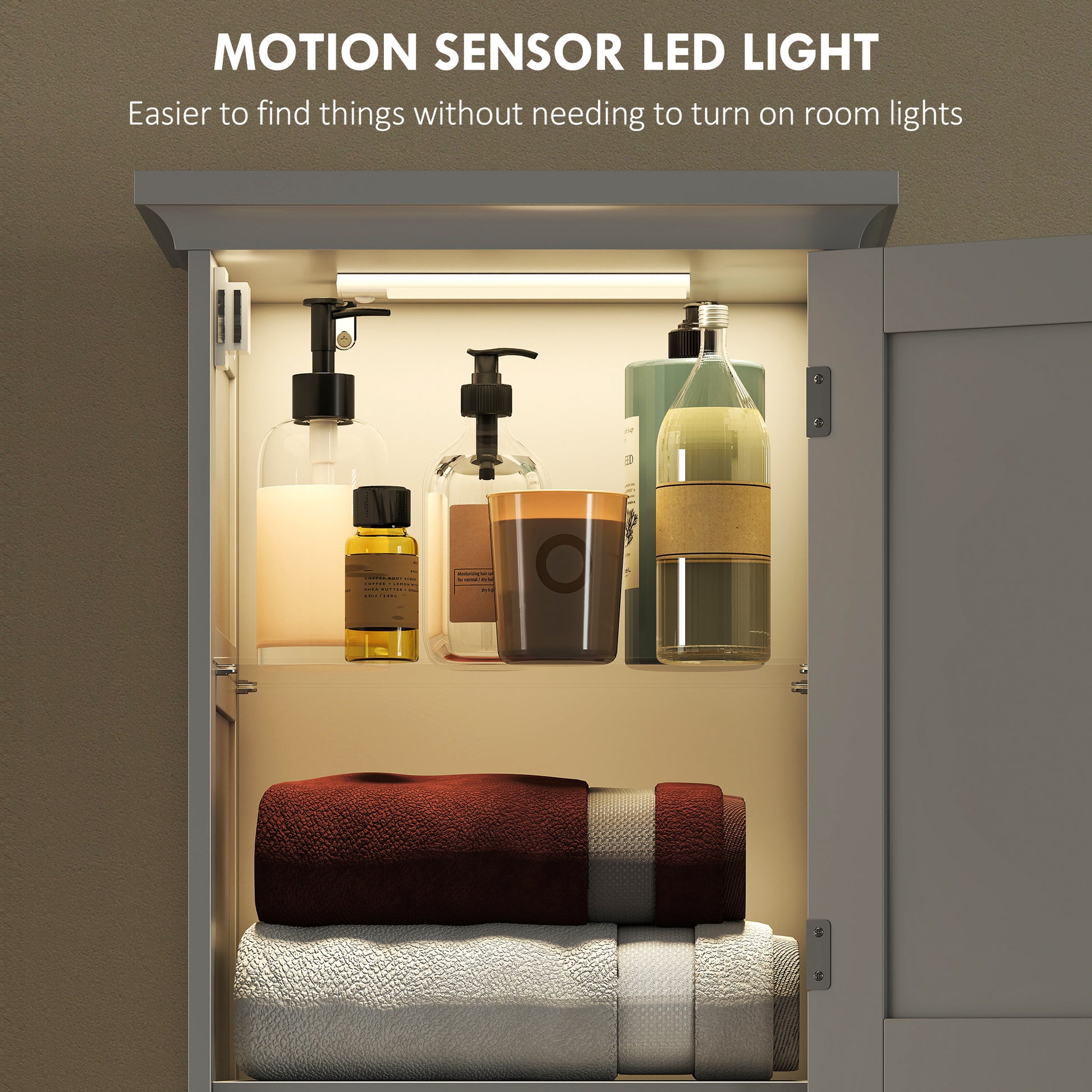 67" Tall Bathroom Storage Cabinet, Narrow Bathroom Cabinet with LED Light, Adjustable Shelf, Open Compartment, Drawer