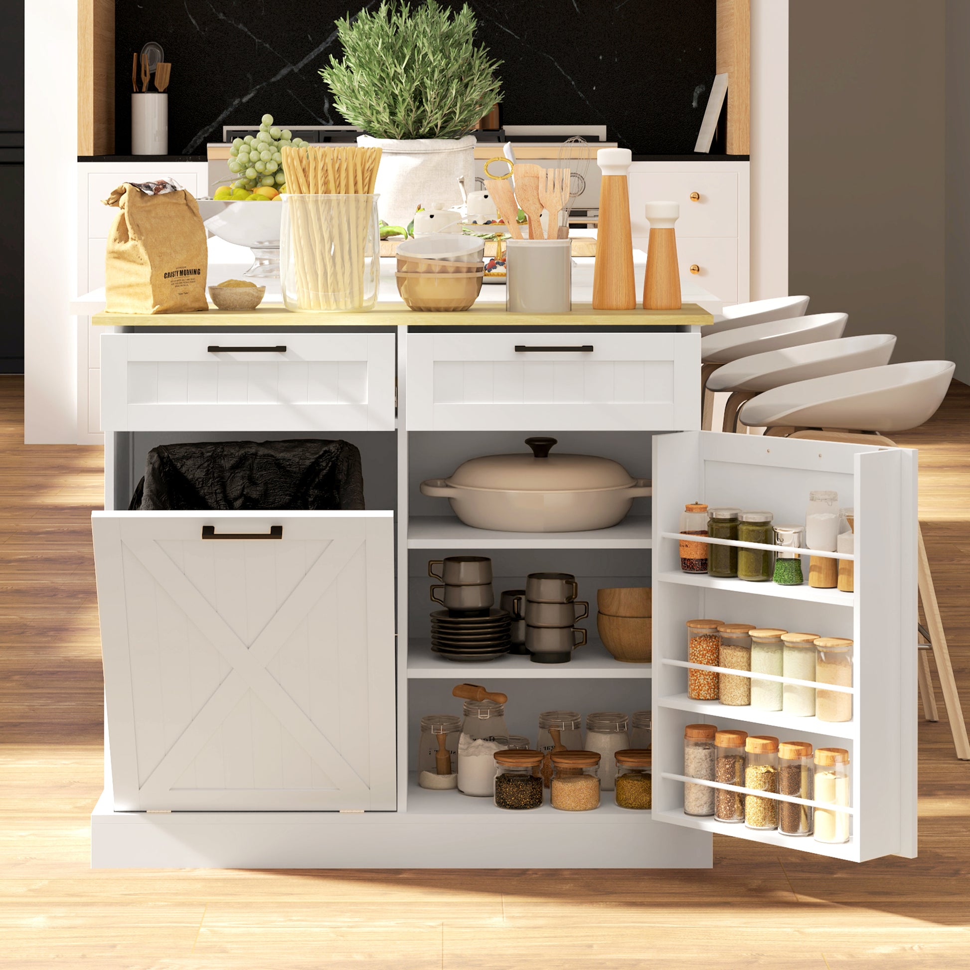 10 Gallon Hidden Garbage Bin Cabinet, Tilt Out Trash Cabinet w/ 2 Drawers, Freestanding Kitchen Island, White
