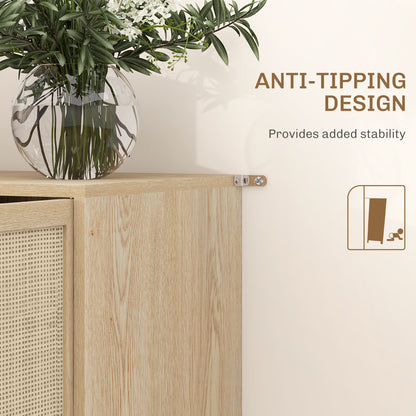 Kitchen Sideboard Cabinet, Boho Storage Cabinet with Shelves, Wood Legs, Decorative Rattan Doors, Natural