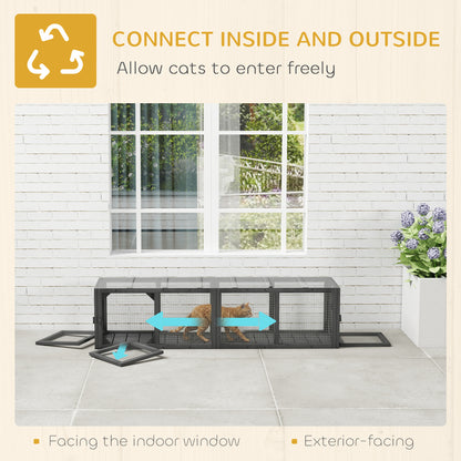 Outdoor Cat Tunnel, Wooden Play Cat Enclosure, Extendable Pet Run with 3 Doors, for Indoor and Outdoor Use, Grey