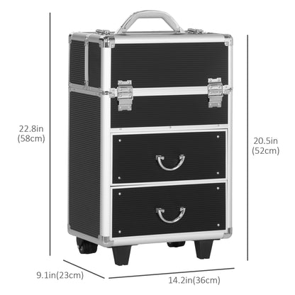 Aluminum Rolling Makeup Train Case, Portable Professional Cosmetic Makeup Case, Lockable Traveling Cart Trunk with Folding Trays, Swivel Wheels and Keys, Black