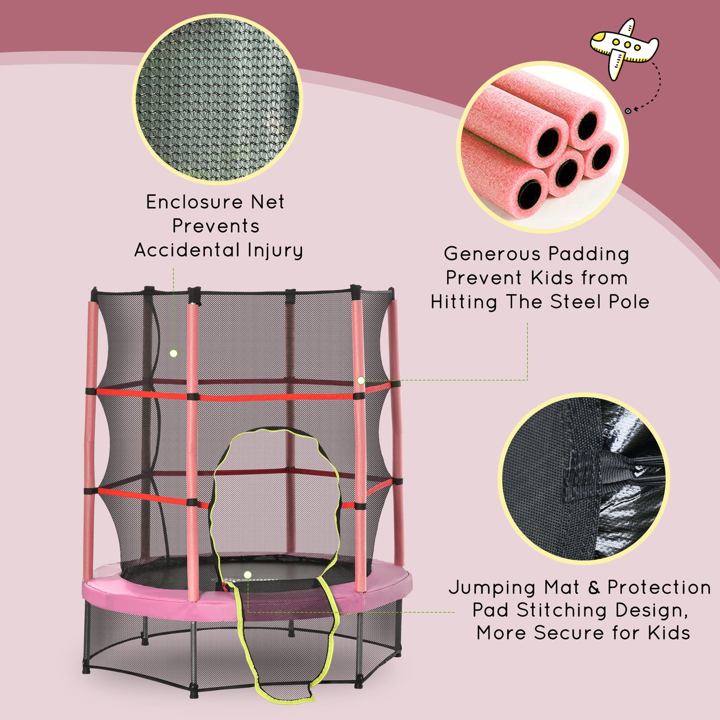 55" Kids Trampoline with Enclosure Net for Indoor/Outdoor, Trampoline for Boys and Girls Age 3-6 Years, Pink