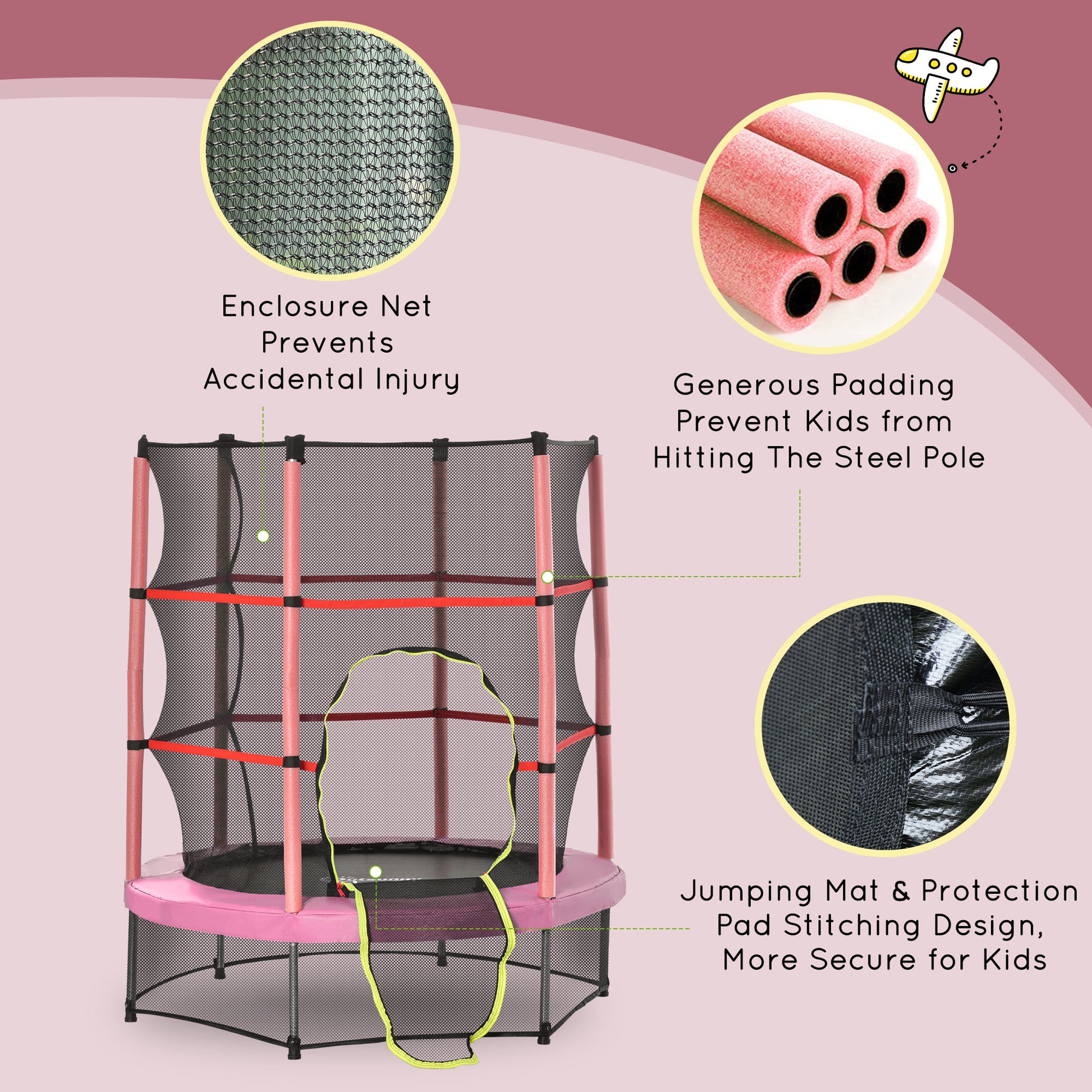 55" Kids Trampoline with Enclosure Net for Indoor/Outdoor, Trampoline for Boys and Girls Age 3-6 Years, Pink