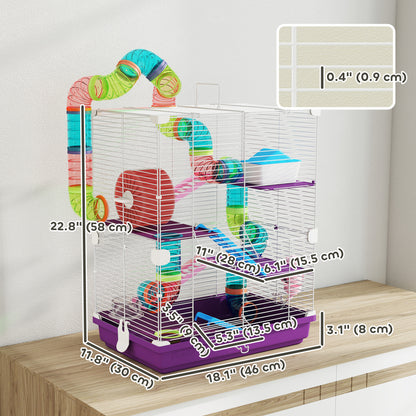 5 Tiers Hamster Cage Portable with Exercise Wheels Play Tube Water Bottle Dishes House Ladder for Gerbils, Purple