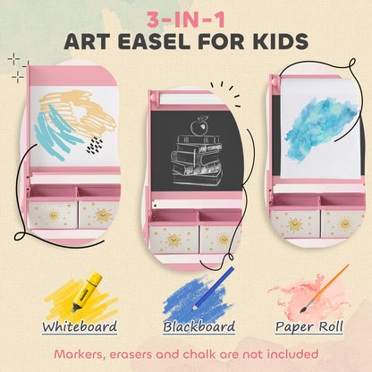Qaba Art Easel for Kids, Double-Sided Whiteboard & Chalkboard with Paper Roll, 2 Storage Boxes, Gift for Boys, Girls, Pink