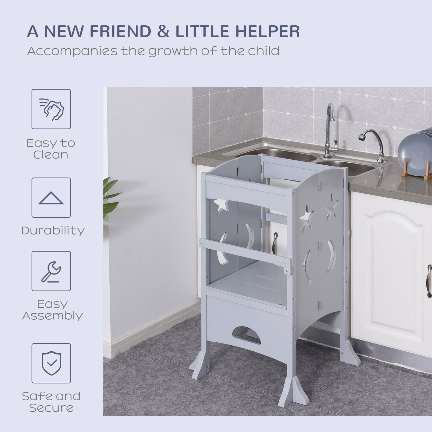 Qaba Step Stool with Safety Rail and Support Handles Kitchen Counter Step-up Helper