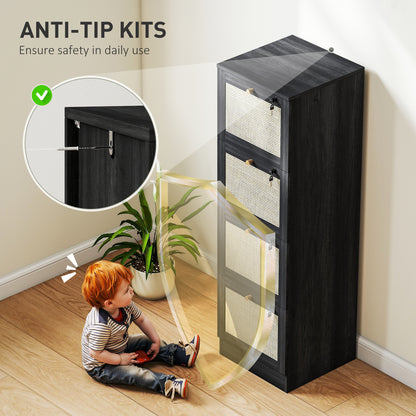 4 Drawer Filing Cabinet with Lock, Boho File Cabinet for A4 Letter Size Files with Decorative Rattan Accents, Black