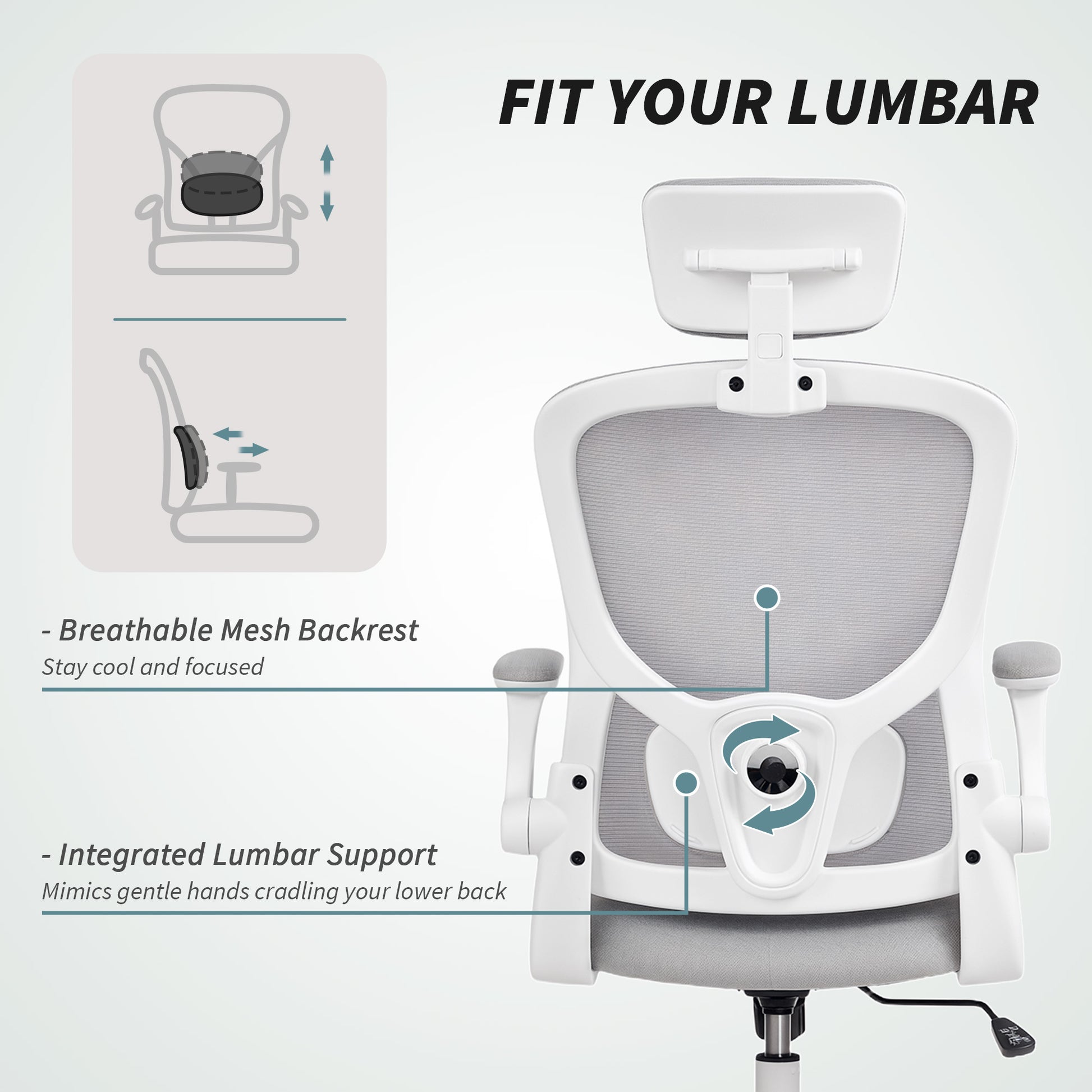 Ergonomic Office Chair, Mesh Desk Chair with Adjustable Headrest, Lumbar Support and Height, Flip-Up Armrests, Grey
