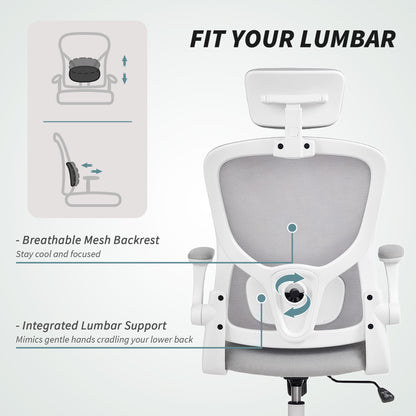 Ergonomic Office Chair, Mesh Desk Chair with Adjustable Headrest, Lumbar Support and Height, Flip-Up Armrests, Grey