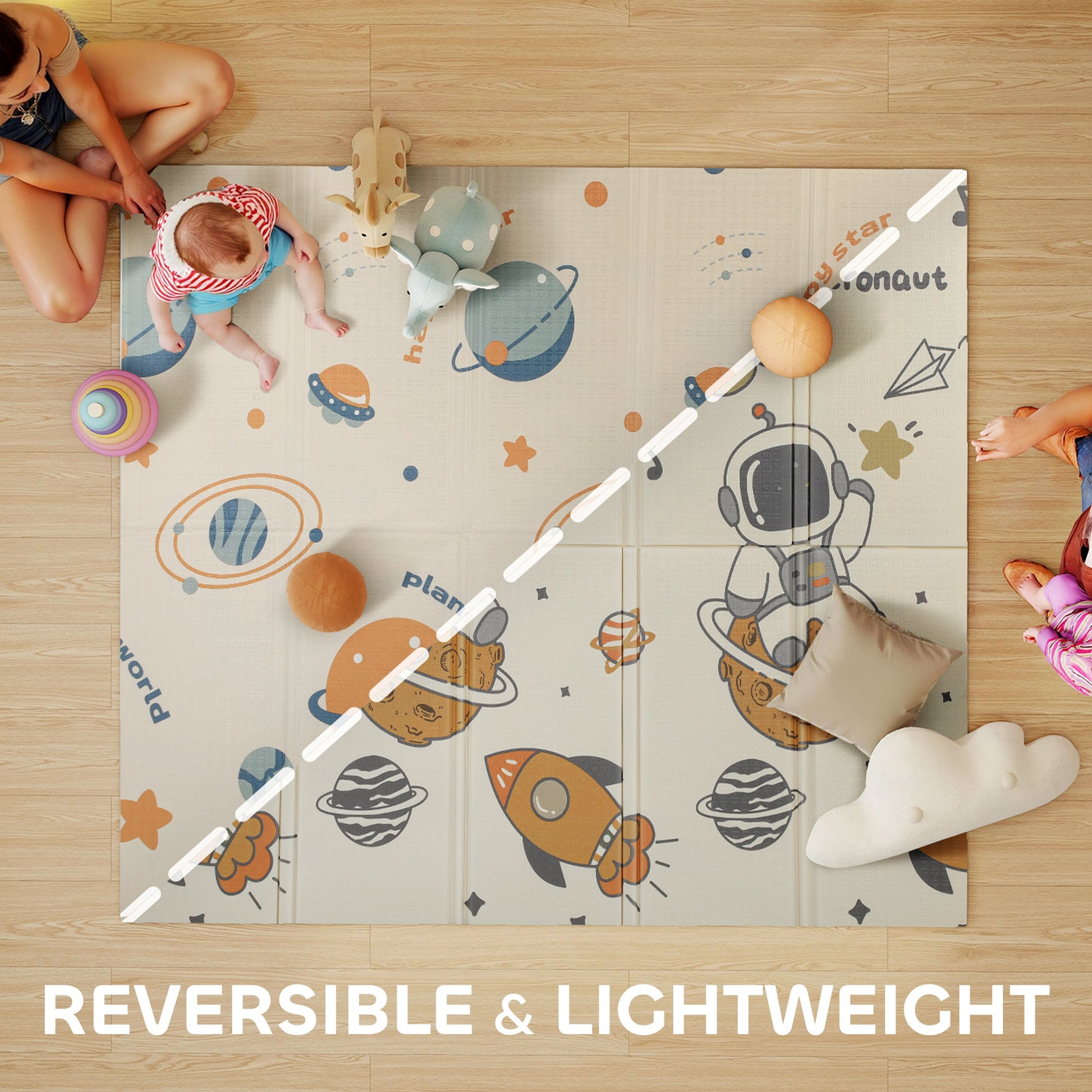 Qaba Double Sided Baby Play Mat, Reversible & Waterproof Foldable Crawling Mat, Astronaut & Planet Theme