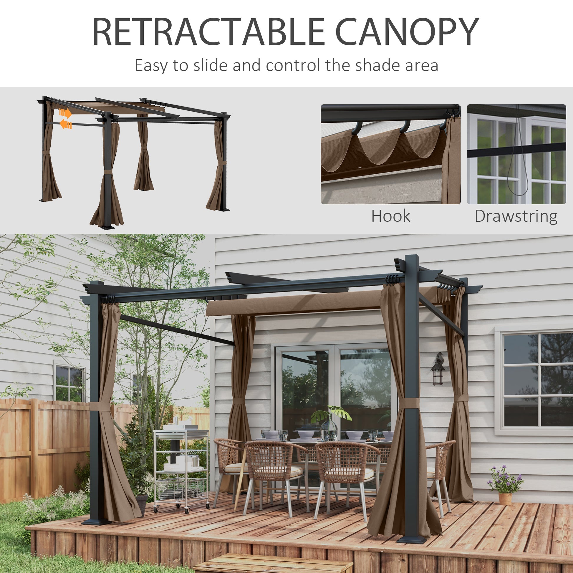 Metal Pergola with Sliding Roof Canopy, Retractable Pergola Canopy, 10' x 10', Coffee