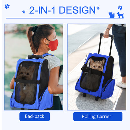 2-IN-1 Pet Luggage Box Backpack Carrier Cats Dogs w/ Handle, Rolling Wheel Blue