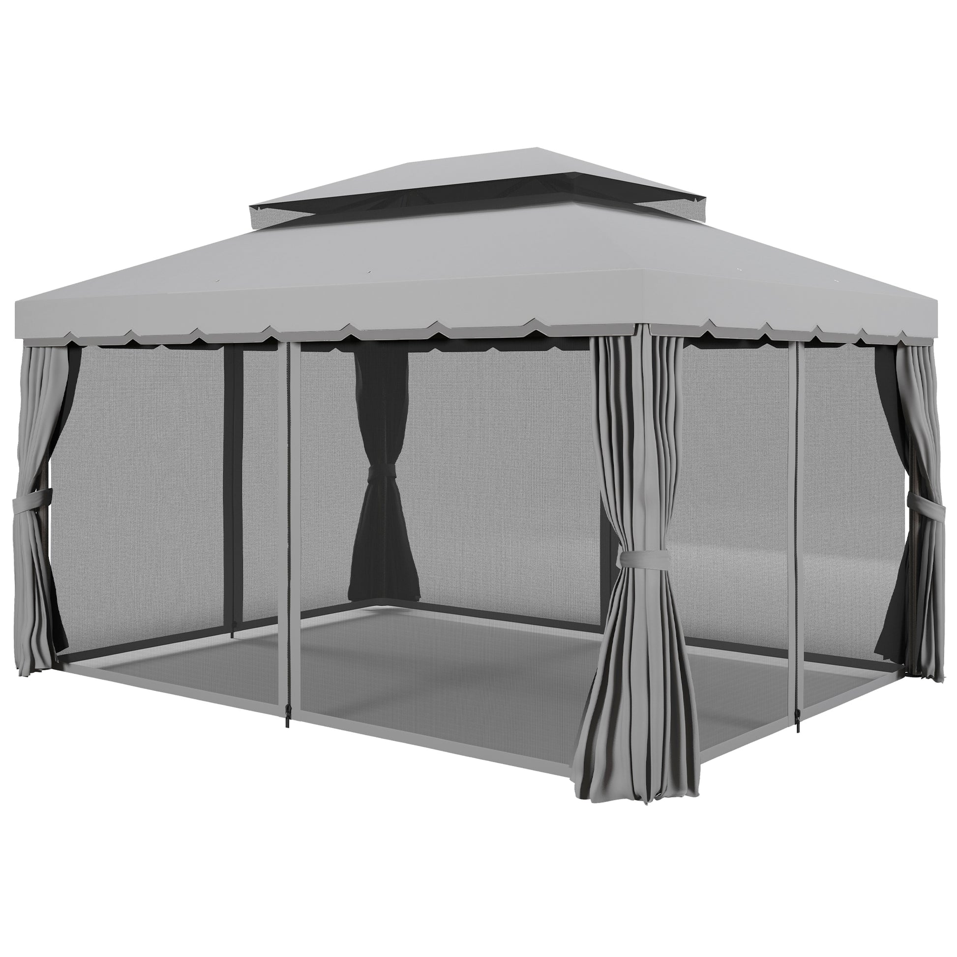 13' x 10' Patio Gazebo Canopy with 2-Tier Polyester Roof, Vented Mesh Sidewall & Strong Aluminum Frame, Medium Grey