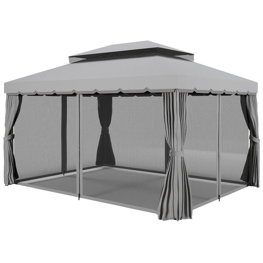 13' x 10' Patio Gazebo Canopy with 2-Tier Polyester Roof, Vented Mesh Sidewall & Strong Aluminum Frame, Medium Grey