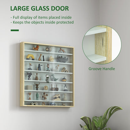 7-Tier Display Cabinet, Shot Glass Display Case, Glass Curio Cabinet with 2 Glass Doors, Oak and White