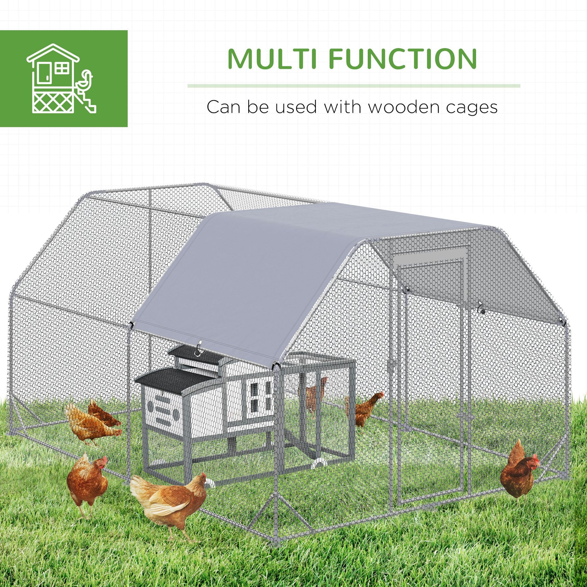 Chicken Run, Galvanized Large Metal Chicken Coop Cage, Walk-in Enclosure Poultry Hen Run House Playpen Rabbit Hutch with Flat Roof, Cover, 9.2' x 12.5' x 6.5', Silver