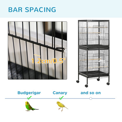 55.1" 2 In 1 Bird Cage Aviary Parakeet House for finches, budgies with Wheels, Slide-out Trays, Wood Perch, Food Containers, Black