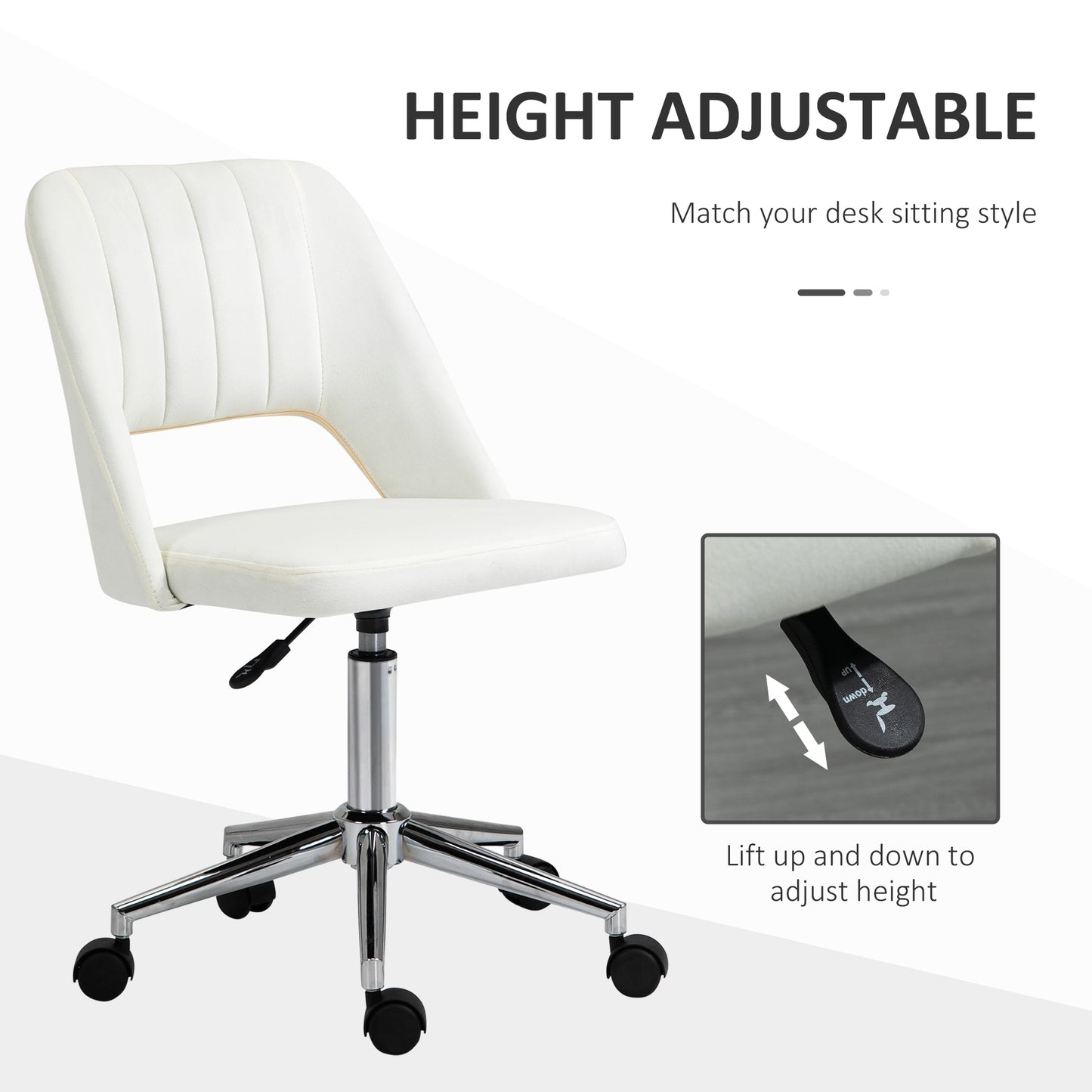 Mid Back Office Chair Velvet Fabric Swivel Scallop Shape Computer Desk Chair, Cream White