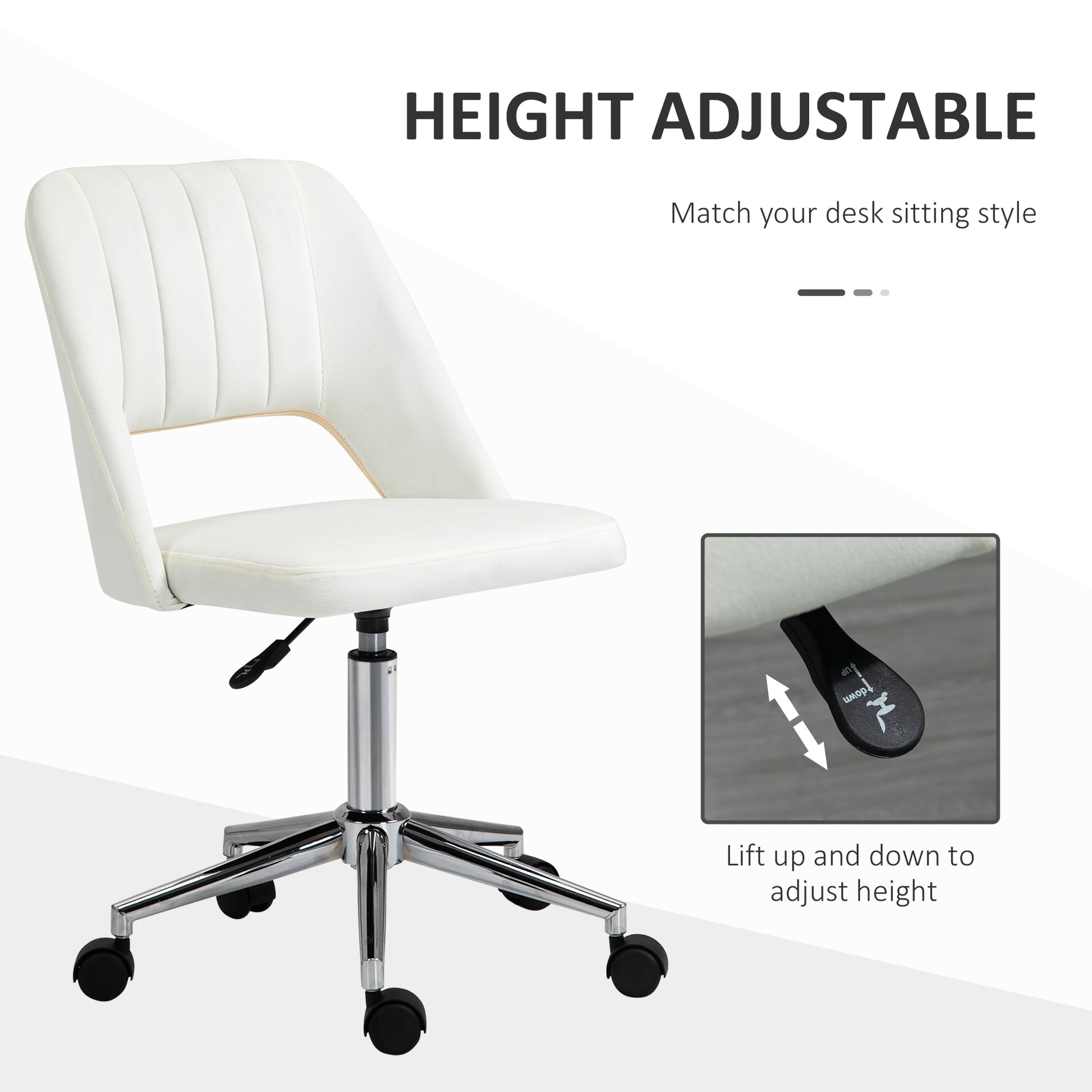 Mid Back Office Chair Velvet Fabric Swivel Scallop Shape Computer Desk Chair, Cream White