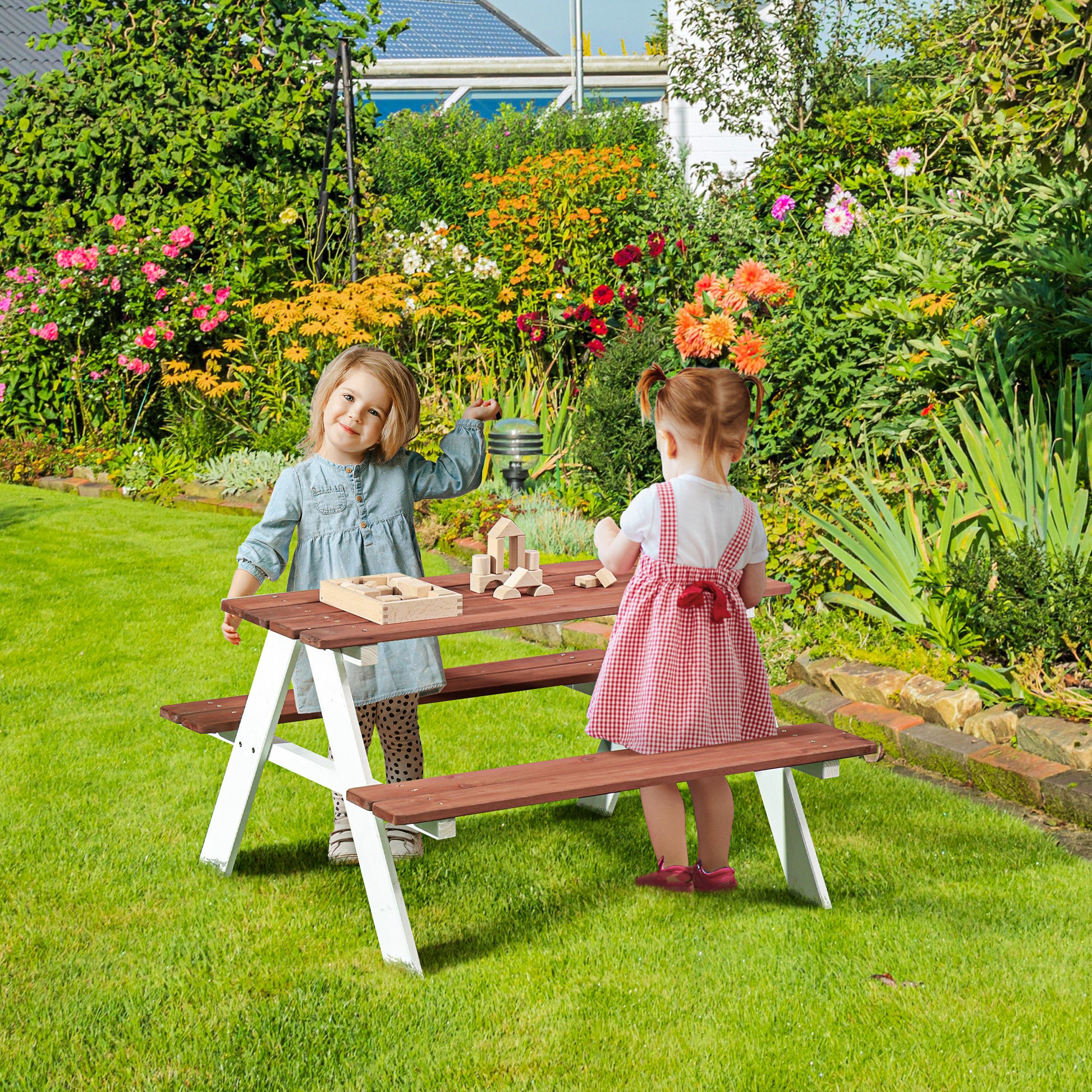 Kids Outdoor Table Set Wooden Toddler Picnic Table and Benches for 4 Kids 3-8 Years, Easy Installation, Natural Wood