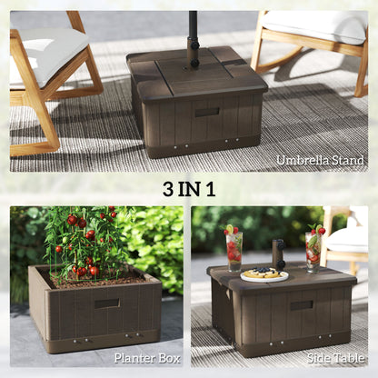 3-in-1 Outdoor Umbrella Base with Wheels and Handles, End Table, Flower Box Planter with Hole, 176 lbs. Capacity, Brown