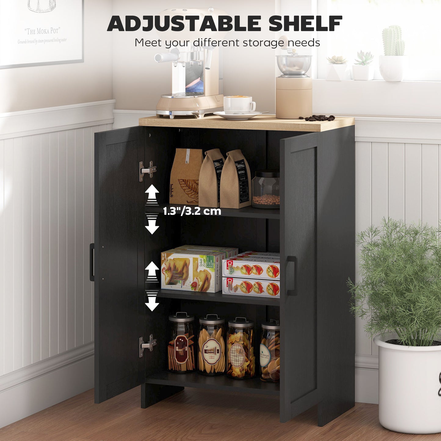 Modern Storage Cabinet with Doors and Adjustable Shelf for Kitchen, Living room, 23.6" x 11.8" x 35.4", Black