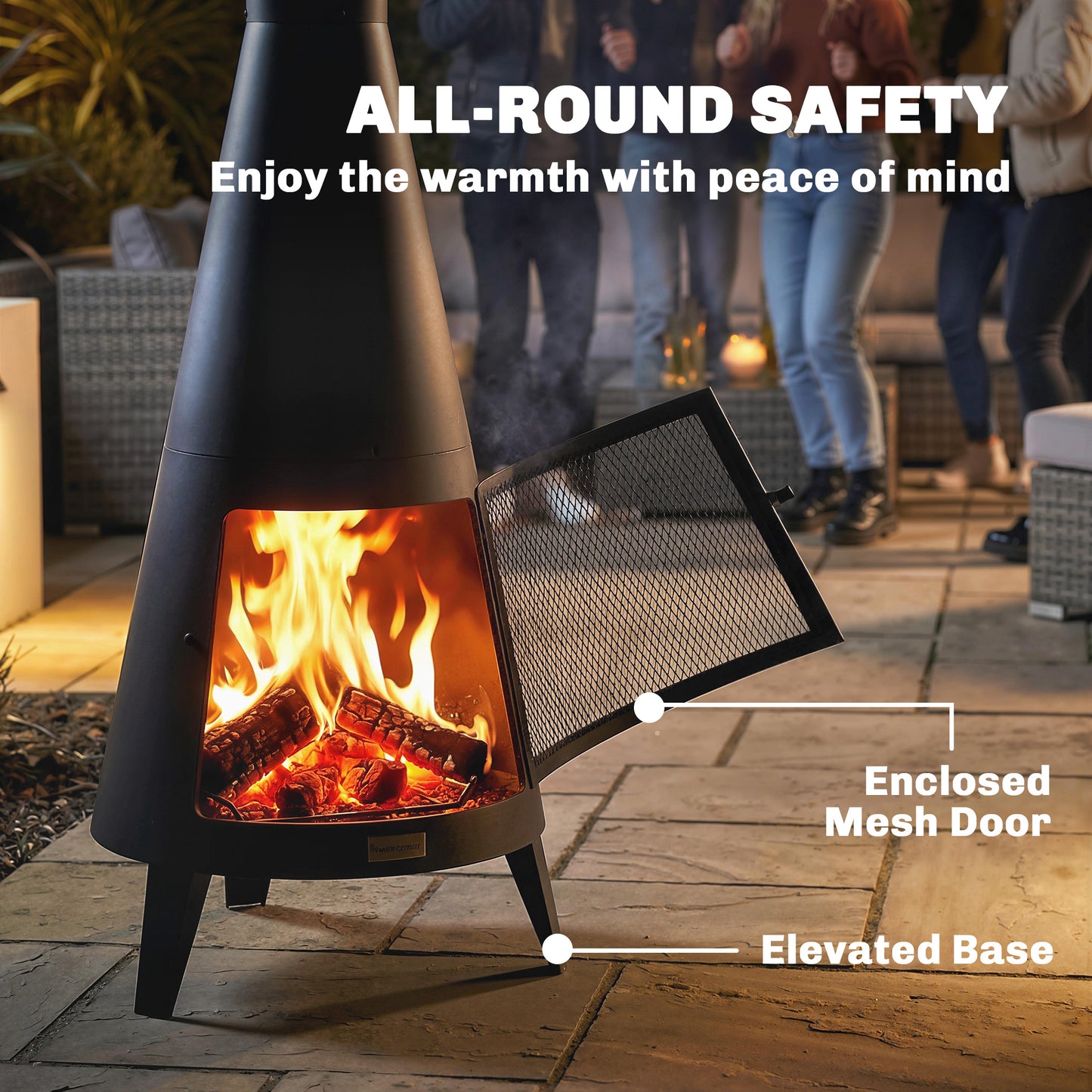 Wood Burning Firepit with Chimney, Outdoor Fire Pit with Poker, Mesh Screen, Black