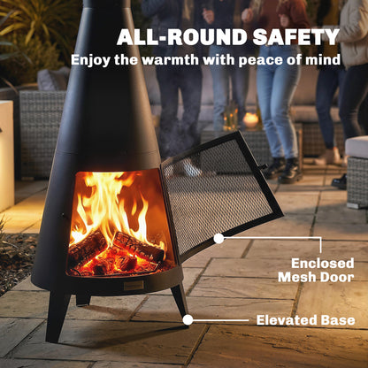 Wood Burning Firepit with Chimney, Outdoor Fire Pit with Poker, Mesh Screen, Black