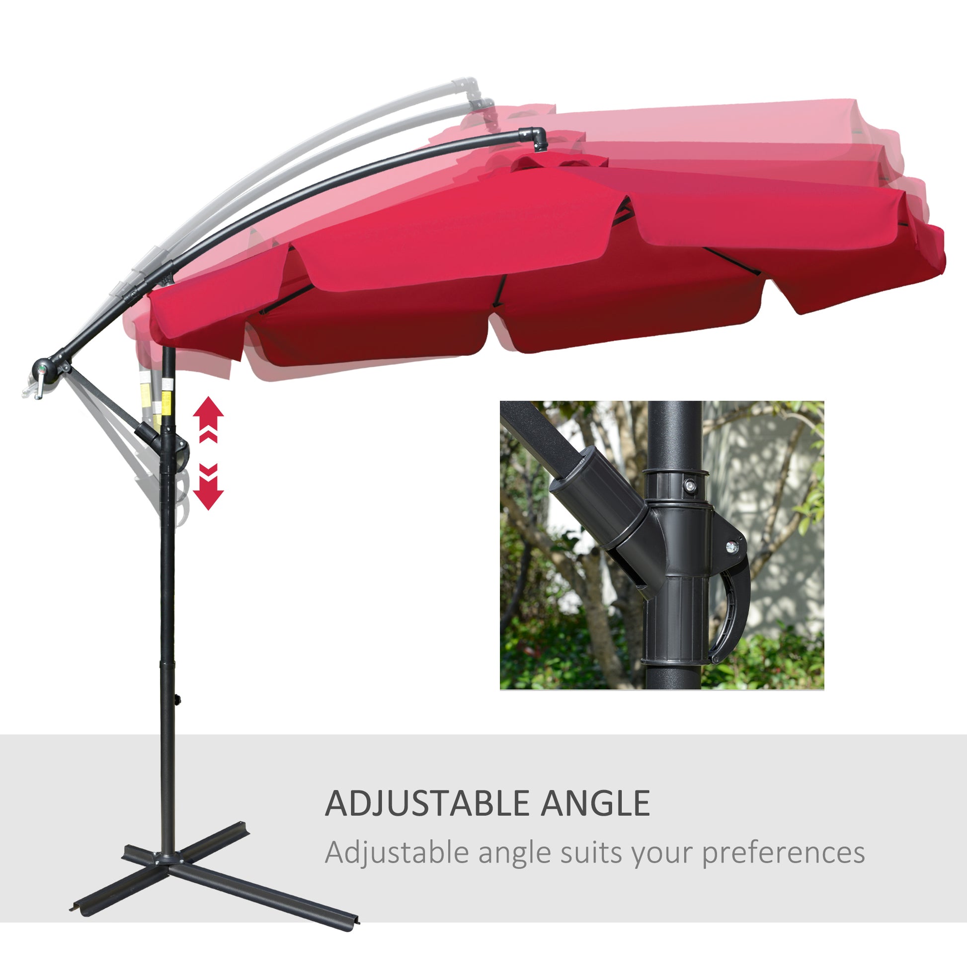 9FT Offset Hanging Patio Umbrella Cantilever Umbrella with Easy Tilt Adjustment, Cross Base and 8 Ribs for Backyard, Poolside, Lawn and Garden, Red