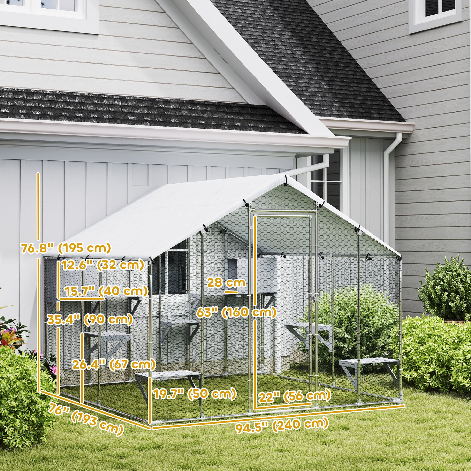 94.5" Extra Large Metal Outdoor Catio with Waterproof Cover, 2 Resting Boxes, 7 Platforms, for Multiple Rabbits, Chicken