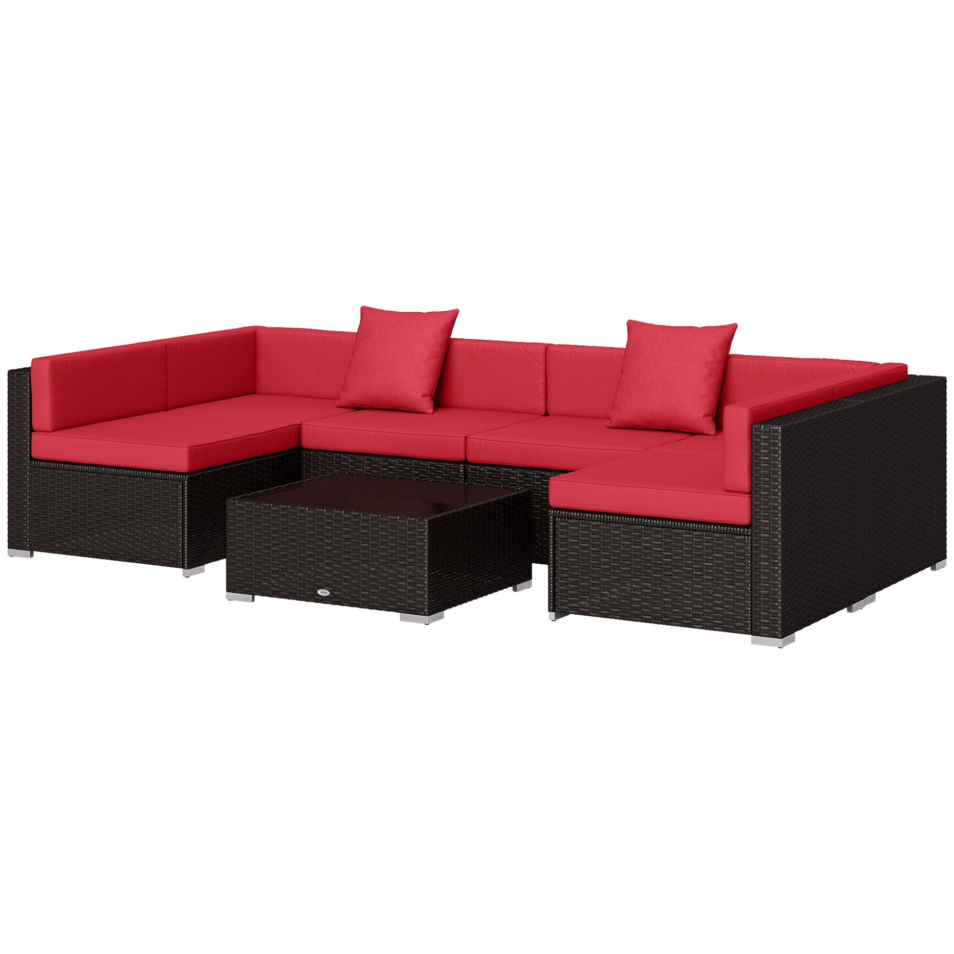 7 Pieces Patio Furniture Set, Rattan Conversation Set Garden Wicker Sofa Set with Washable Cushions and Coffee Table, for Deck Balcony Yard, Wine Red