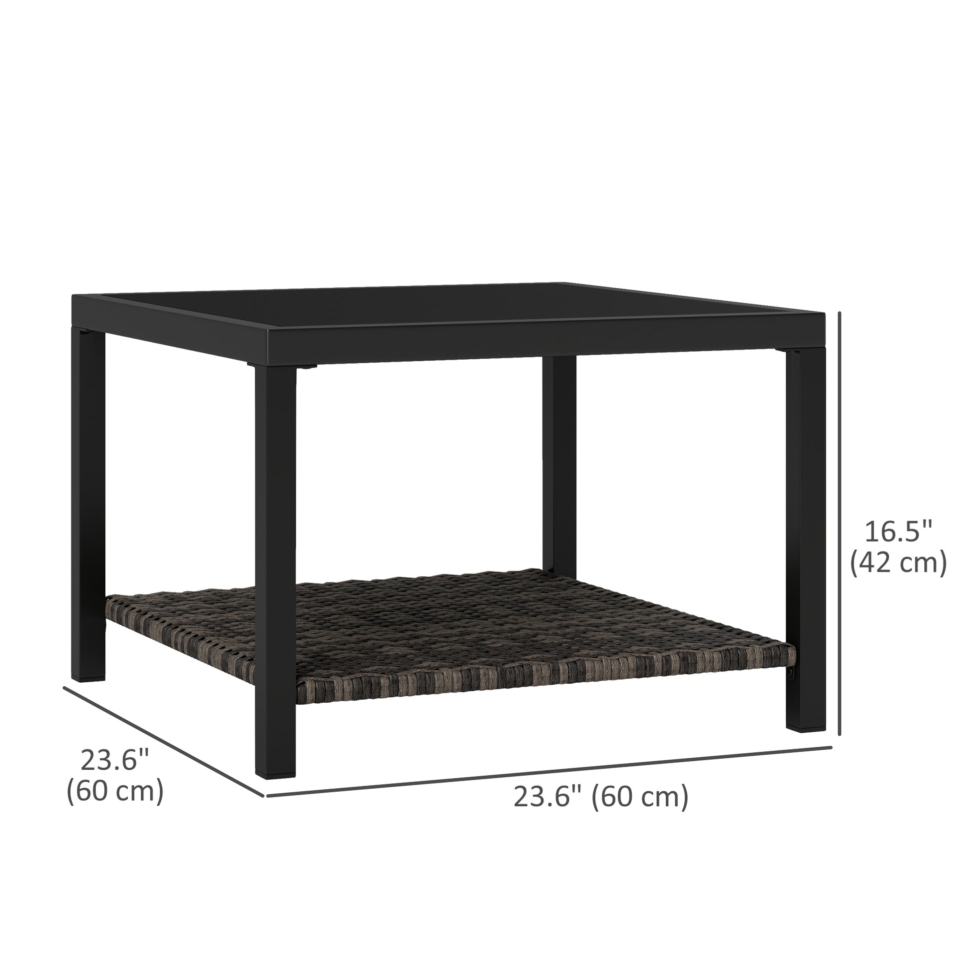 23.6" Rattan End Table, Outdoor Coffee Table with Tempered Glass Top, Storage Shelf for Patio, Garden, Balcony, Black