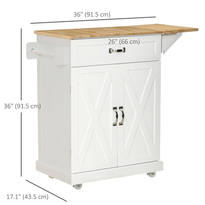 Foldable Kitchen Island with Storage Drawer, Farmhouse Style Rolling Utility Cart, Coffee Bar Cabinet on Wheels with Drop-Leaf Wood Top, White