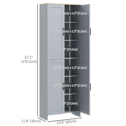 67" 4-Door Kitchen Pantry Cabinet, Freestanding Storage Cabinet Cupboard with Adjustable Shelves, Grey