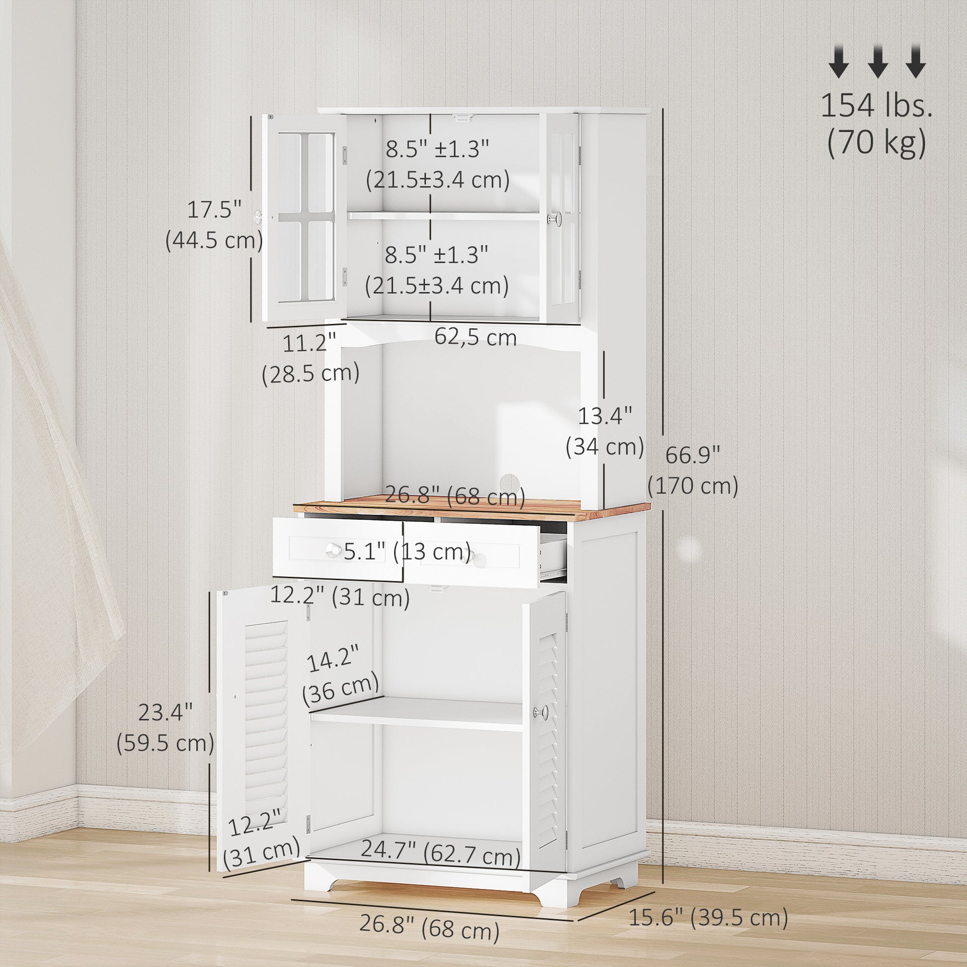 Coastal Style Kitchen Buffet and Hutch Wooden Storage Cupboard with Framed Glass Door LouveredCabinet Drawers Microwave Space for Dining Room Living Room White