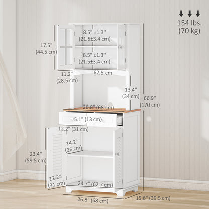Coastal Style Kitchen Buffet and Hutch Wooden Storage Cupboard with Framed Glass Door LouveredCabinet Drawers Microwave Space for Dining Room Living Room White