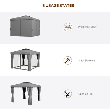 10' x 10' Outdoor Patio Gazebo Double Soft-top Garden Shelter Tent with Curtains, & Mesh Screen Drapes, Light Grey