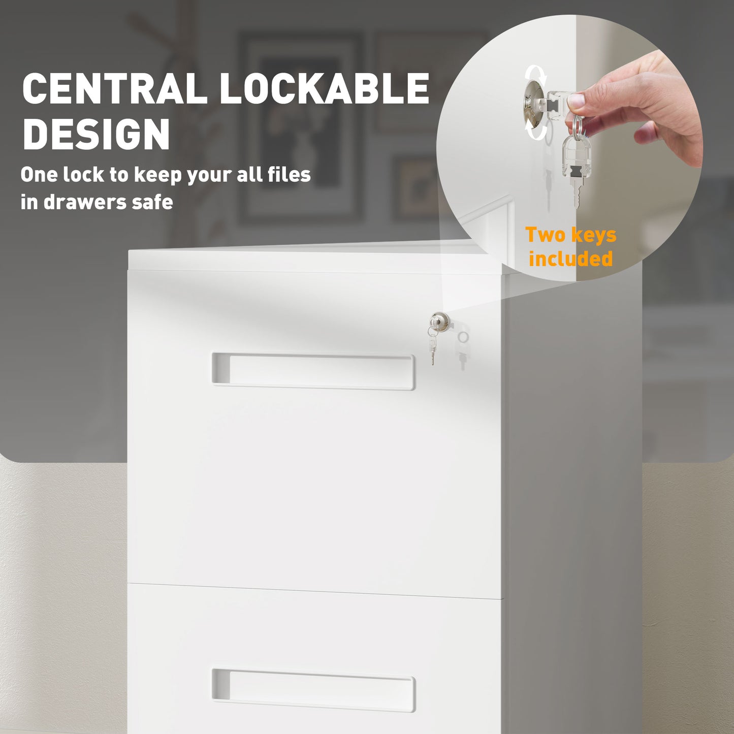 File Cabinet, Vertical Filing Cabinet with Adjustable Partition for A4 Letter Size, Lockable for Office, White