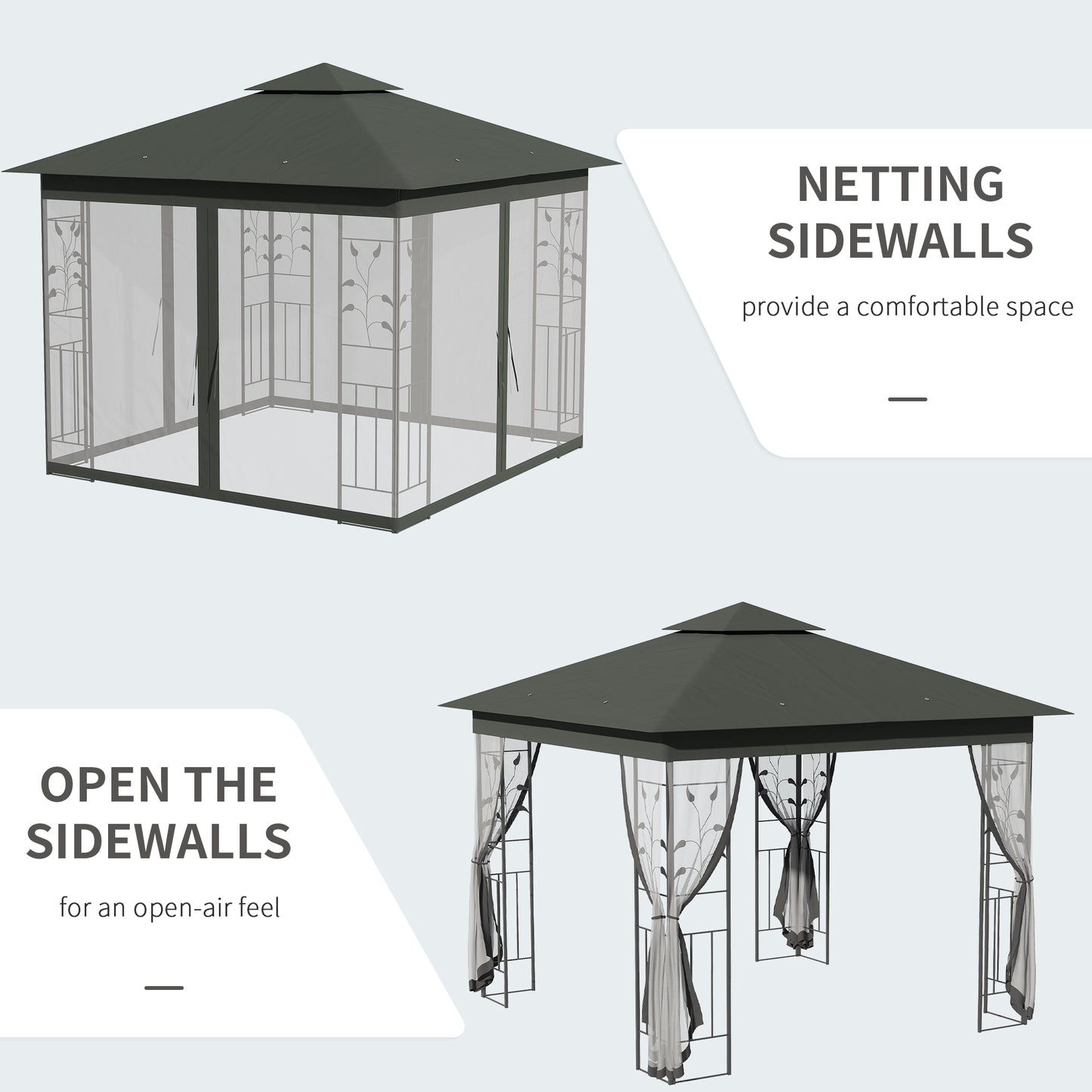 10'x10' Soft-top Steel Patio Gazebo Outdoor Sun Shelter with 2-Tier Polyester Roof, Curtain Sidewalls, Grey