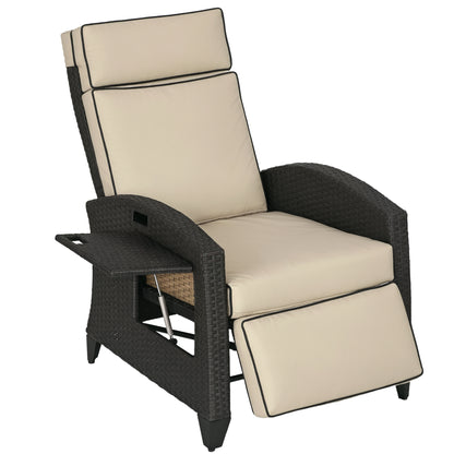 Outdoor Recliner Chair with Adjustable Backrest and Footrest, Washable Cushion, Side Tray, Up to 352 lbs, Khaki