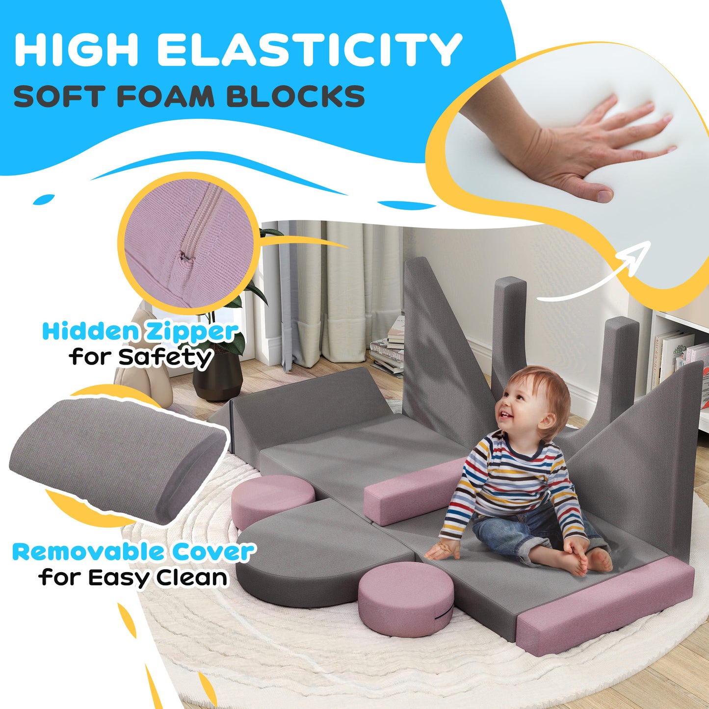 Qaba 12-Piece Modular Kids Play Couch Building Fort for Playroom Bedroom, Convertible Kids Sofa, Grey