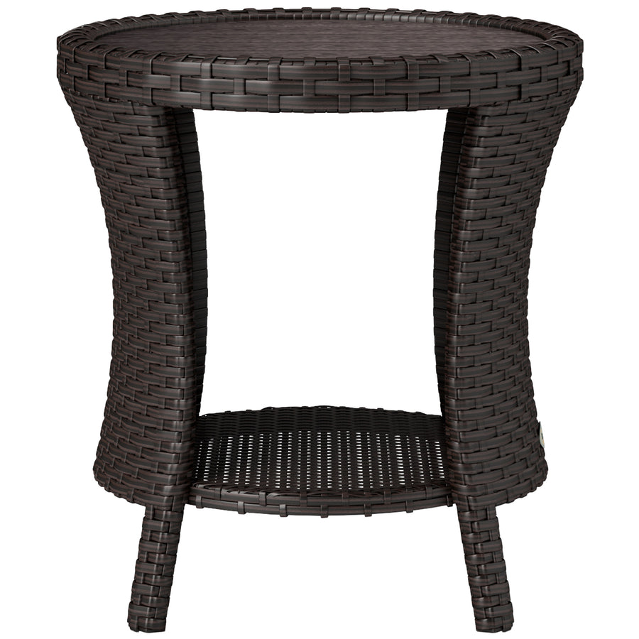 18" Wicker Outdoor Coffee Table, PE Rattan Patio Side Table with 2-Tier Storage, Composite Wood Top, Brown