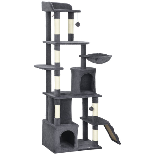 67" Large Cat Tree with 7 Scratching Posts, Tunnel, 2 Condos, Hammock, Perch, Ramp, Pompoms, Dark Grey