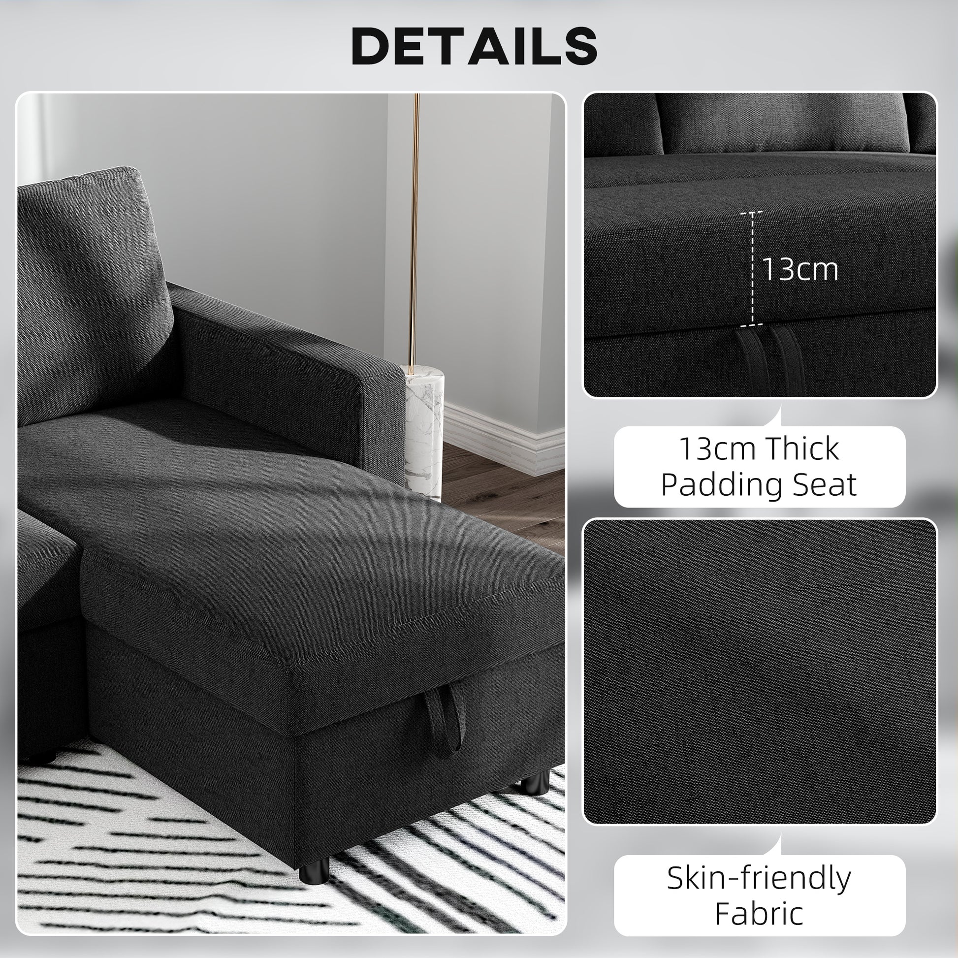 Convertible Corner Sofa Bed, Built-In Storage & 3 Removable Back Cushions, Black